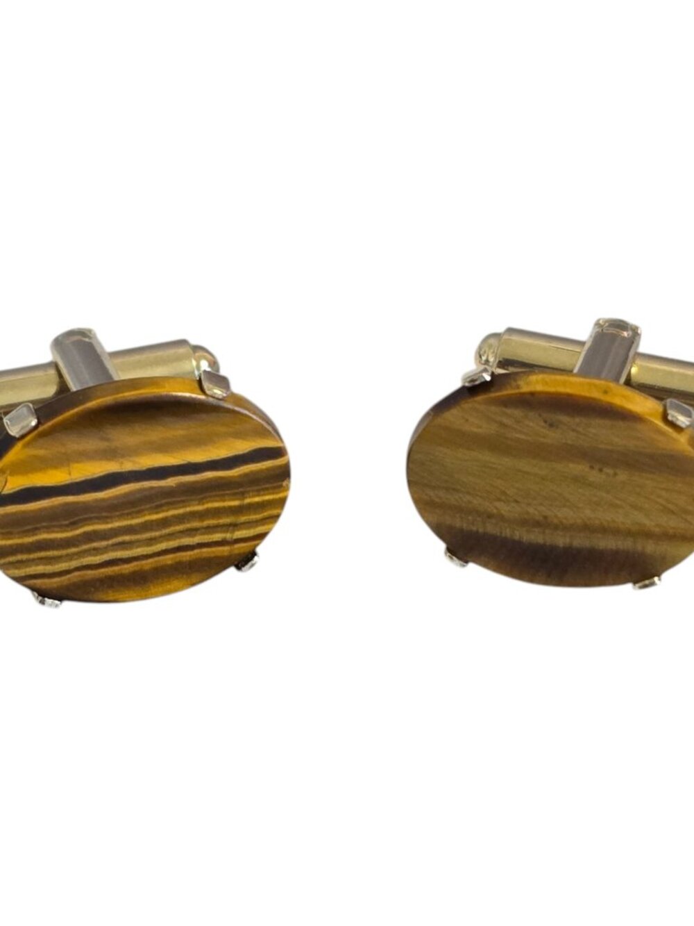Vintage Dante Gold Tone Oval Cufflinks Tigers Eye Stone 4-Prong Setting